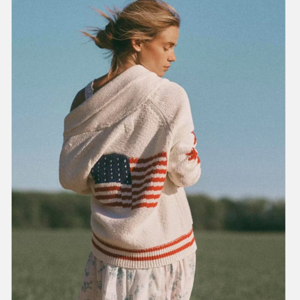 Anthropologie Maeve Shawl Collar American Flag Cardigan Sweater USA XLP XL P NWT